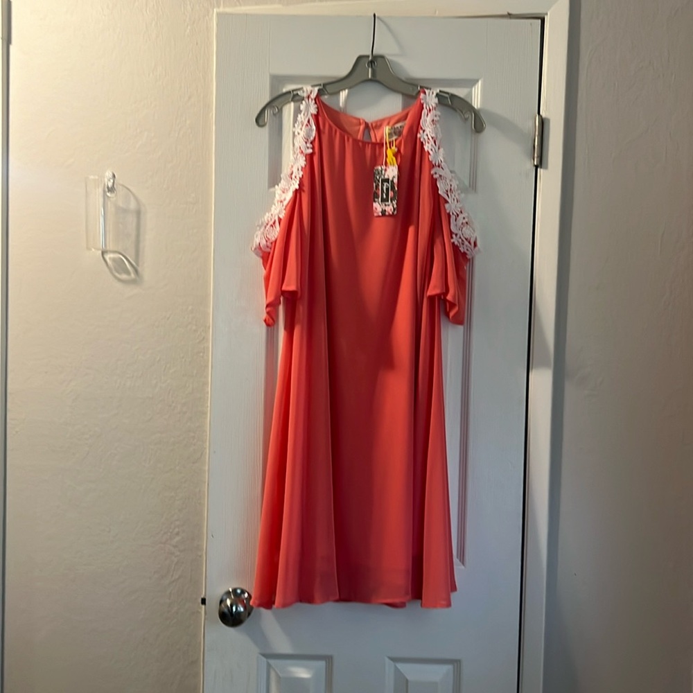 Cold shoulder peach chiffon dress. Beautiful!